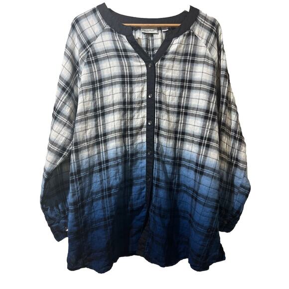 Avenue Tops - Avenue Plaid Flannel Blouse Women’s Plus Size 14 16 Button Down Ombré Blue